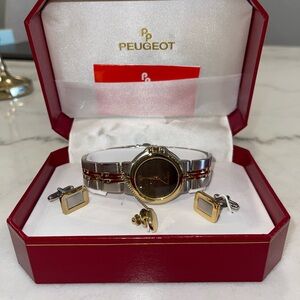 Peugeot Two-Tone Watch, Cufflinks, and Tie Clip Set
